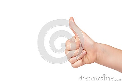 Kid hand shows thumb up gesture, isolated on white background. copy space template Stock Photo