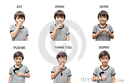 Kid hand sign language education on white background Stock Photo