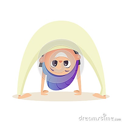 Kid has fun and fools around, stands on his hands and looks out from under his feet. Boy smiles and trains, stretching Vector Illustration