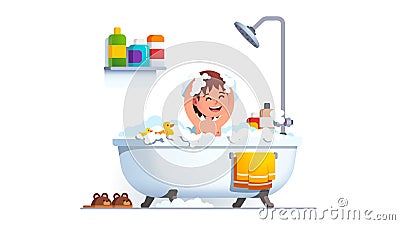 Kid having bath washing head and body with shampoo Vector Illustration