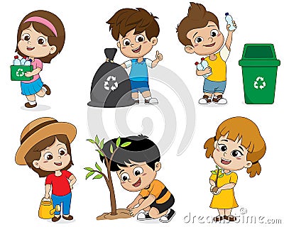 Kid help save the world by collecting plastic bottles recycled, Vector Illustration