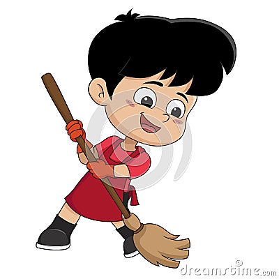 Kid help their parents to sweep home. Vector Illustration