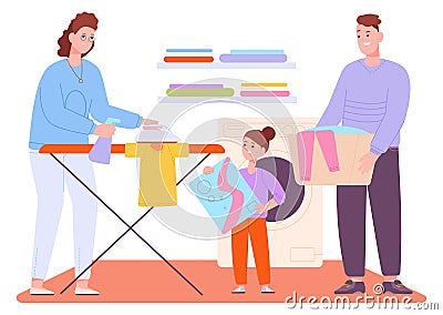 Kid helping parents with housework. Ironing clothes together Vector Illustration