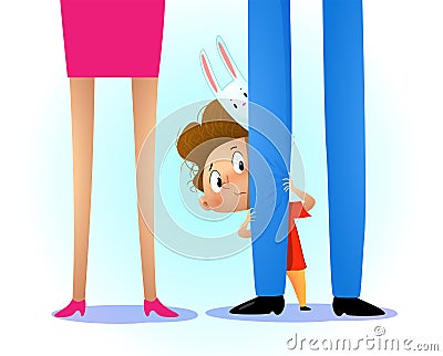 Kid hiding behind the parents leg Vector Illustration