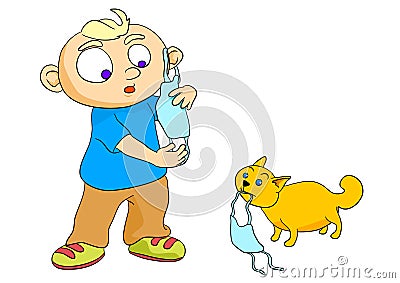 Kid and his cat holding a masker vector Vector Illustration