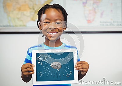 Kid holding tablet grey brain and white space doodles against dark blue background Stock Photo