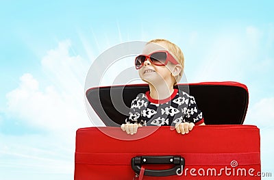 Kid inside Suitcase, Child Looking out Travel Luggage Happy Baby Stock Photo