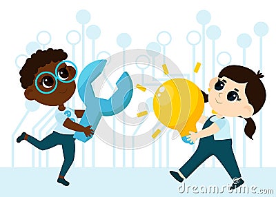 Kid Inventors Day. A boy and a girl carry a huge light bulb and a wrench as a symbol of inventions and research. Vector Illustration