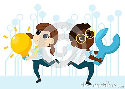 Kid Inventors Day. Children, a boy and a girl, carry a huge light bulb and a wrench as a symbol of inventions and research. Vector Illustration