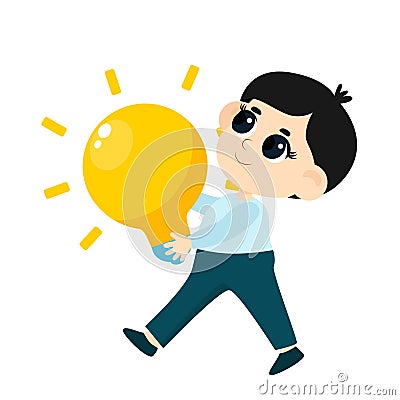Kid Inventors Day.A cute boy carries a huge yellow light bulb as a symbol of invention and research. Vector Illustration