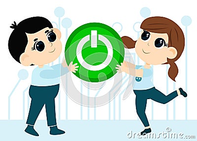 Kid Inventors Day. Cute boy and girl are holding the Power button as a symbol of invention. Vector Illustration