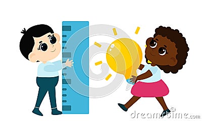 Kid Inventors Day.Cute boy with ruler and girl with light bulb as idea symbol in cartoon style. Vector Illustration