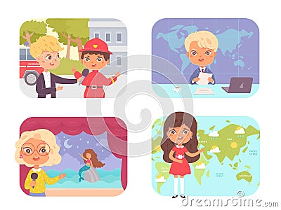 Kid journalist at work, journalistic profession set, child reporter holding microphone Vector Illustration