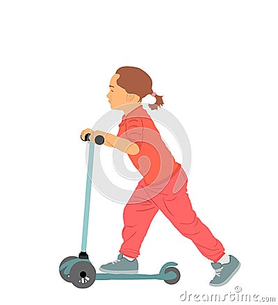 Kid on kick board enjoying after school. Little girl and active outdoor fun entertainment. Vector Illustration