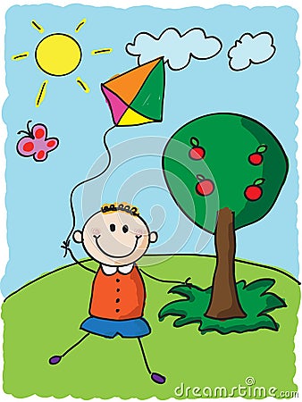 Kid with kite Vector Illustration