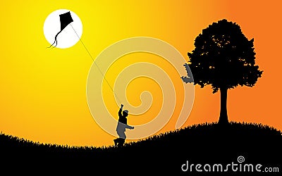 Kid with Kite At Sunset Vector Illustration