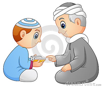 Kid learning read quran to his father isolated on white background Vector Illustration