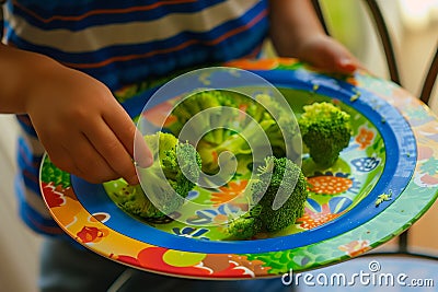 kid leaving behind uneaten broccoli on a colorful dinner plate Stock Photo