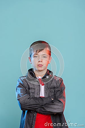 Kid listening music headphones. Music beat concept. Entertainment and fun. Child or teen enjoy music Stock Photo