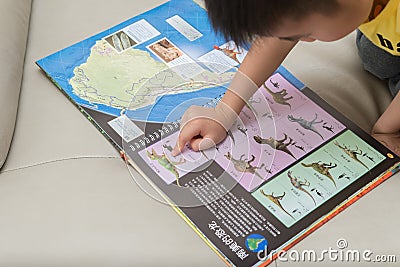 kid looking at a dinosaur book Editorial Stock Photo