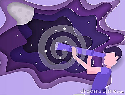 Kid is looking the stars with telescope. Universe discovery vector concept in paper art style. Origami paper cut design. Vector Illustration