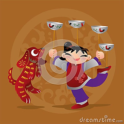Kid loves playing with Chinese zodiac animal - Dog Vector Illustration
