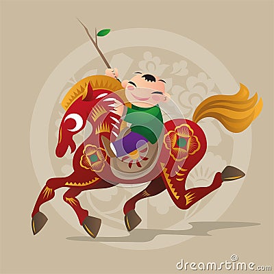 Kid loves playing with Chinese zodiac animal - Horse Vector Illustration