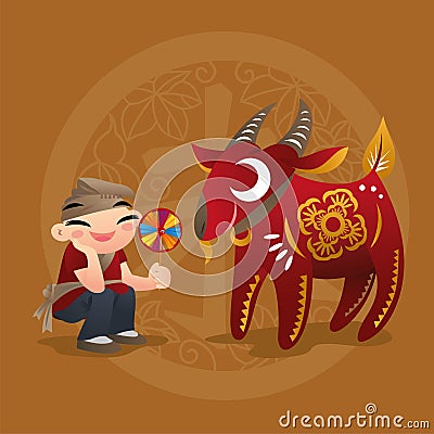 Kid loves playing with Chinese zodiac animal - Ram Vector Illustration