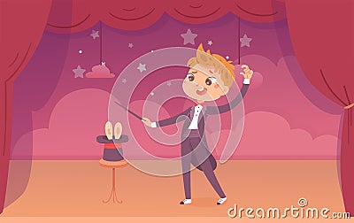 Kid magician and magic circus show, boy illusionist conjuring tricks with rabbit in hat Vector Illustration