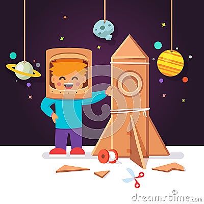 Kid making cardboard box rocket, astronaut costume Vector Illustration