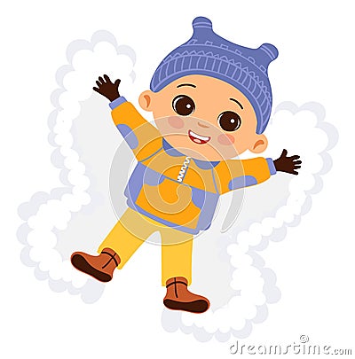 Kid making snow angel. Child lying on snowy ground spreading arms and legs Vector Illustration