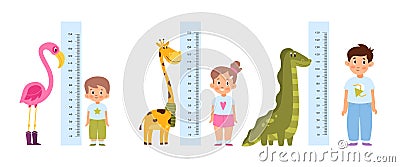 Kid measure height. Different growth and ages children stand near wall-mounted growth meters with funny cute animals decor. Pink Stock Photo