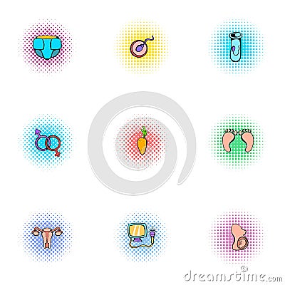 Kid in mother stomach icons set, pop-art style Vector Illustration