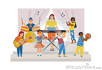 Kid music band show on kindergarten stage. White and black boys and girls practice music with adult teacher, vector. Vector Illustration