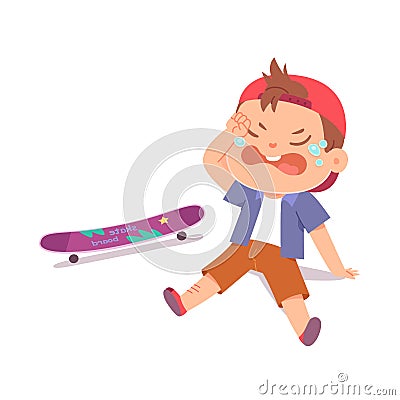 Kid with pain and injury from falling to ground, schoolboy crying, boy riding skateboard Vector Illustration