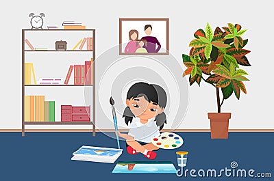 Kid painting with brush, paints on palette, girl artist sitting on kindergarten floor Vector Illustration