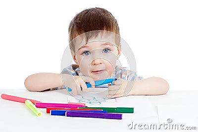 Kid painting by colorful felt-tip pens Stock Photo