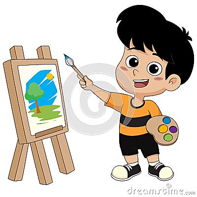 Kid painting a picture. Vector Illustration