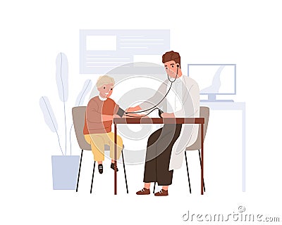 Kid patient visiting doctor in hospital office. Pediatrician checking and measuring blood pressure of child. Scene of Vector Illustration