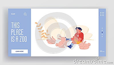 Kid Petting Animals Landing Page Template. Happy Boy Character Playing with Cute Little Rabbits in Farm Zoo Vector Illustration