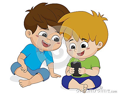 Kid play phone with friend. Vector Illustration