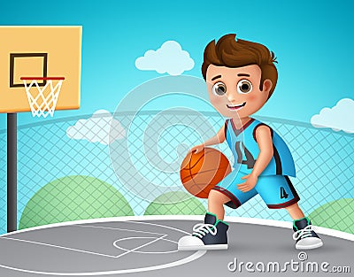 Kid playing basketball vector character. Young school boy wearing basketball uniform Vector Illustration