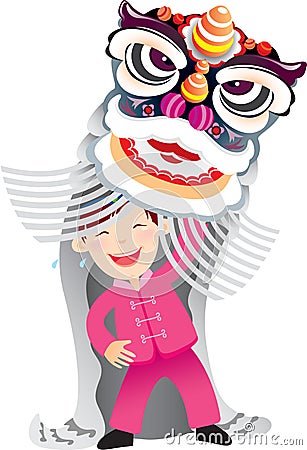 Kid playing the Chinese lion dance Vector Illustration