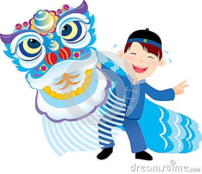 Kid playing the Chinese lion dance Vector Illustration