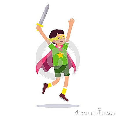 Kid playing cosplay with his improvised costume Vector Illustration