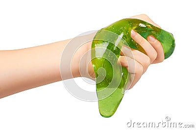 kid playing green slime with hand, transparent toy Stock Photo