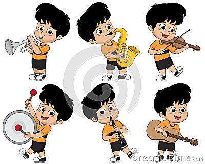 Kid playing musical instruments such as trumpet,saxophone,violin,drum,clarinet and guitar. Vector Illustration