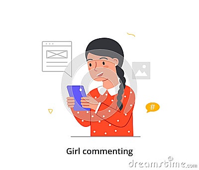 Kid posting and commenting on social network Vector Illustration