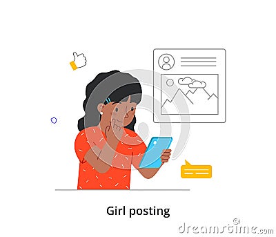 Kid posting and commenting on social network Vector Illustration