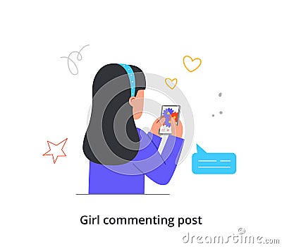 Kid posting and commenting on social network Vector Illustration